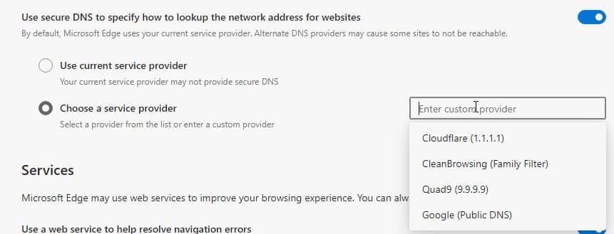 Edge-displaying-Custom-DNS-providers-Google-cloudflare-Quad9