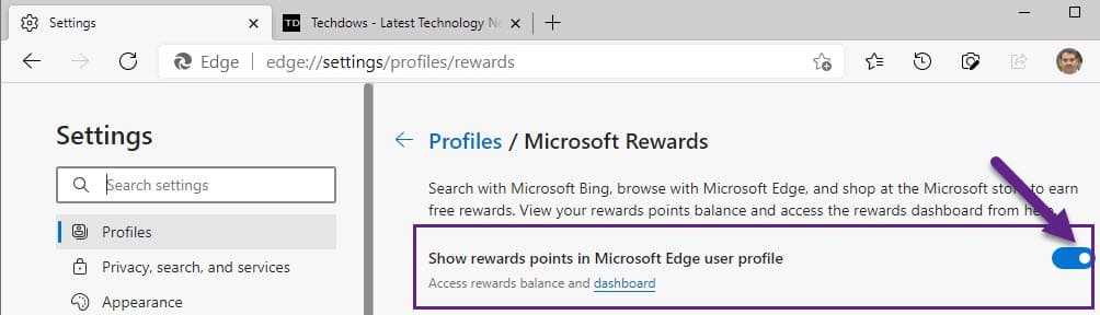 show-rewards-points-in-Edge-user-profile-setting