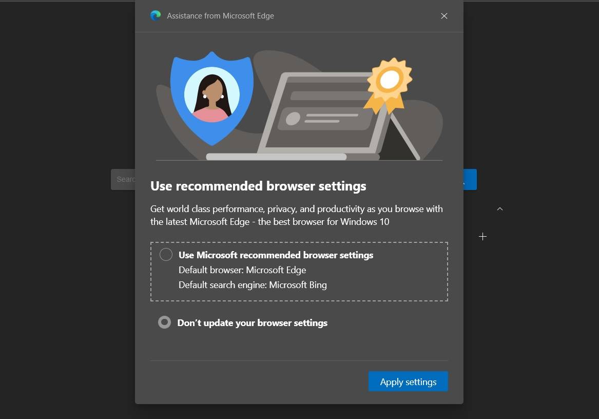 Microsoft Edge 用推荐的浏览器设置提醒