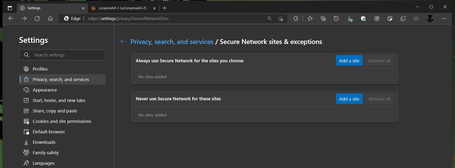 安全网络 (VPN) 设置现已在 Microsoft Edge Canary 中生效